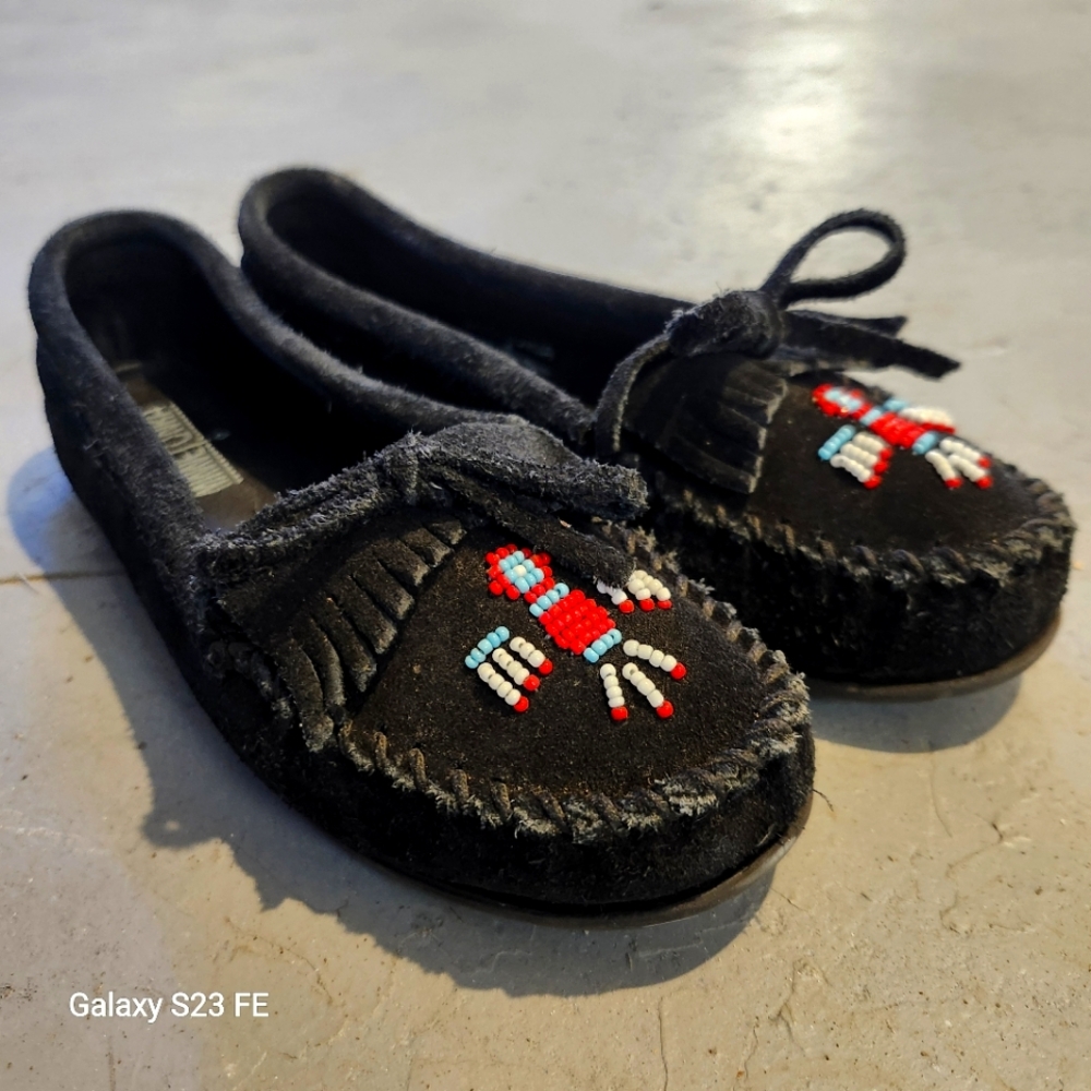 Minnetonka Black Moccasins with Beaded Design